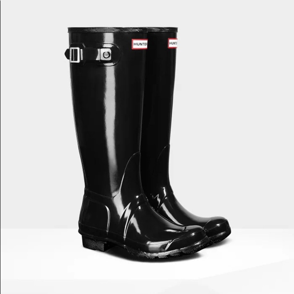 Womens tall black glossy hunter rain boots